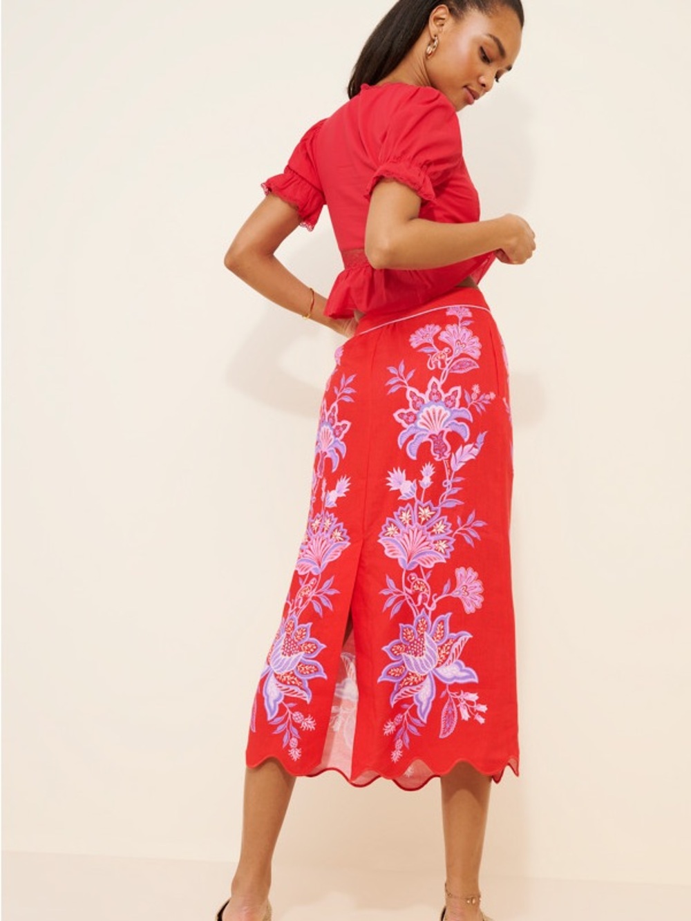 100% Linen FARM Rio Red Midi Skirt with Lavender Floral Embroidery - Picture 2 of 2